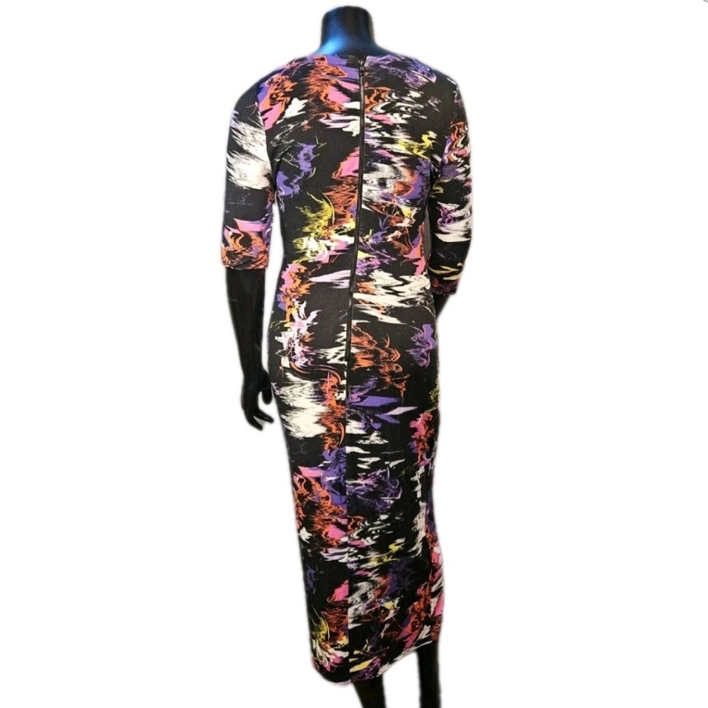 Alice + Olivia Delora Size 4 Multicolor Printed LS Fitted Scoop Neck Midi Dress - Picture 2 of 5